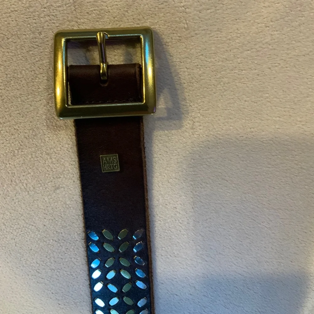 Brown Leather Studded Floral-Pattern Belt with Gold Buckle